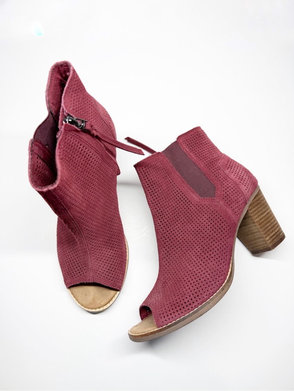 Toms Majorca Oxblood Perforated Suede Open Toe Ankle Boots